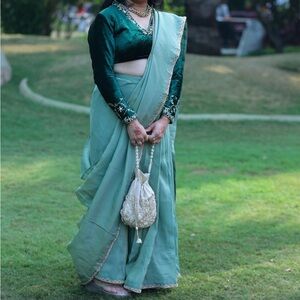 Elegant Green Saree with Velvet Blouse